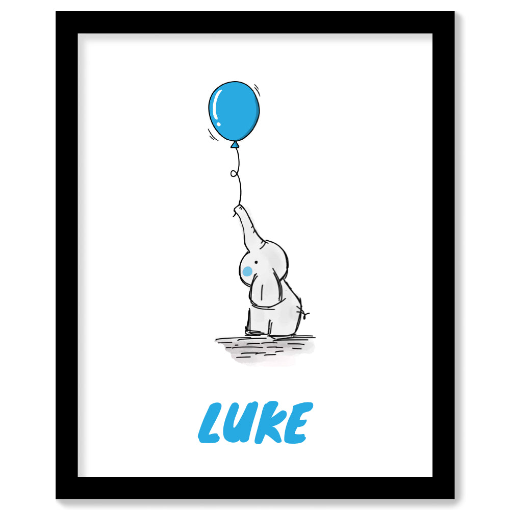 Elephant with Blue Balloon - Black Framed Print | Printzware