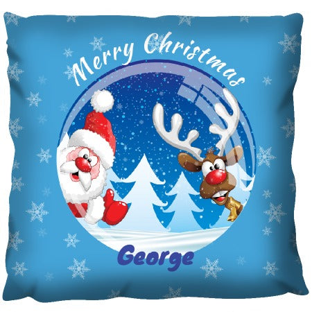 Santa & Rudolph Christmas Globe - Personalized Cushion